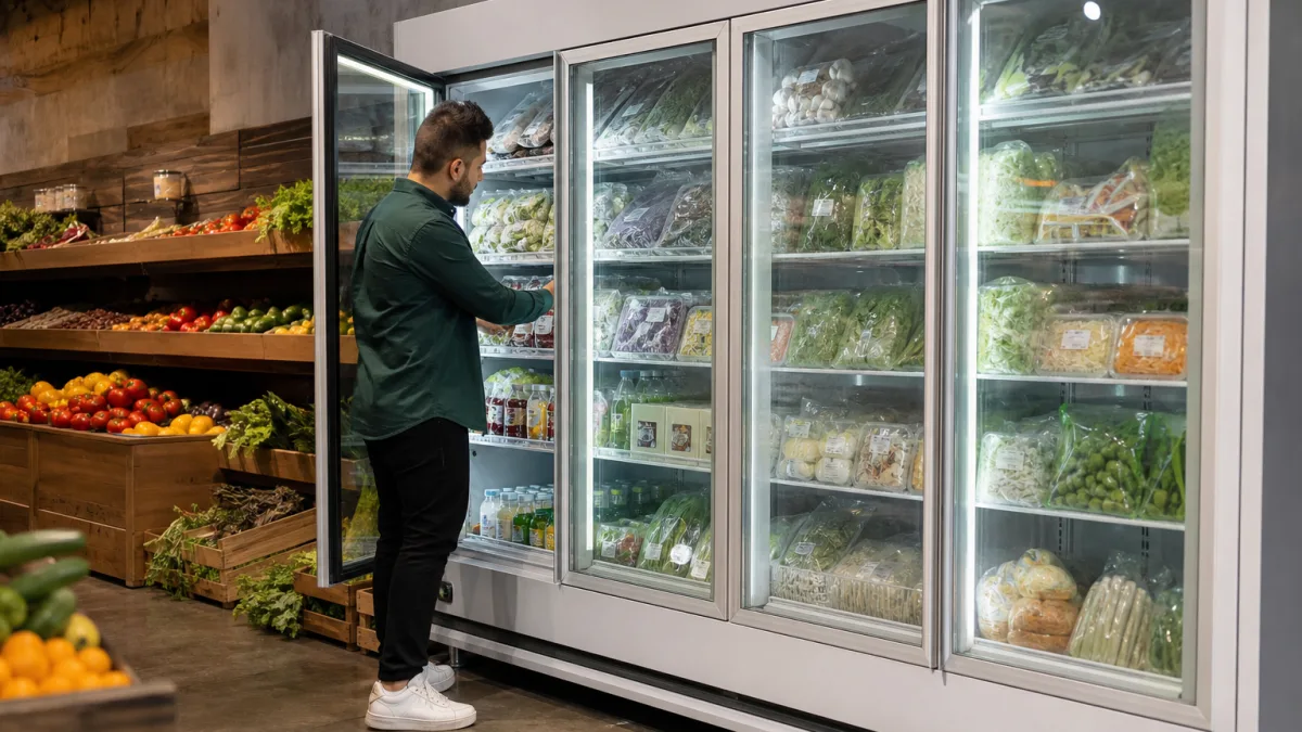 یخچال صنعتی شهاب با ساختار استیل و چیدمان فروشگاهی